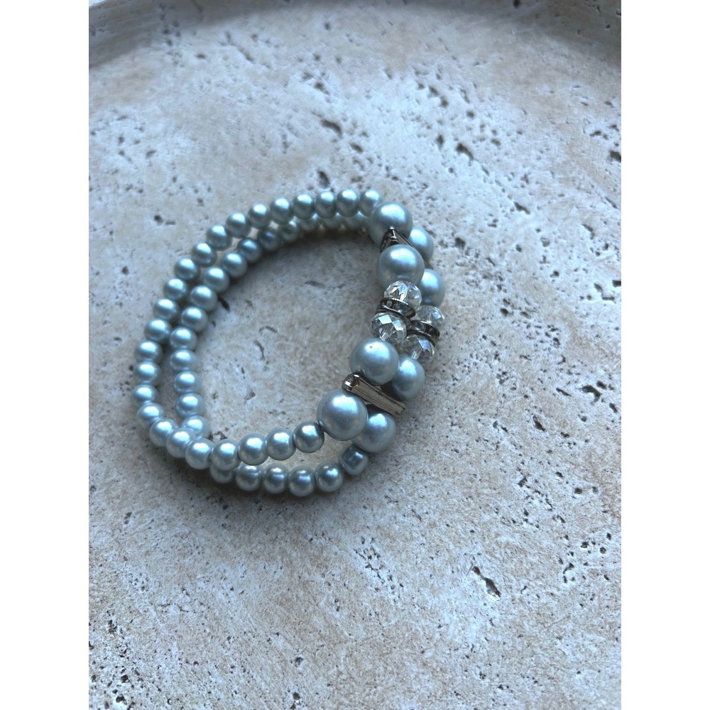 Vintage Slate Blue Faux Pearl Double Strand Stretch Bracelet Crystal Accents